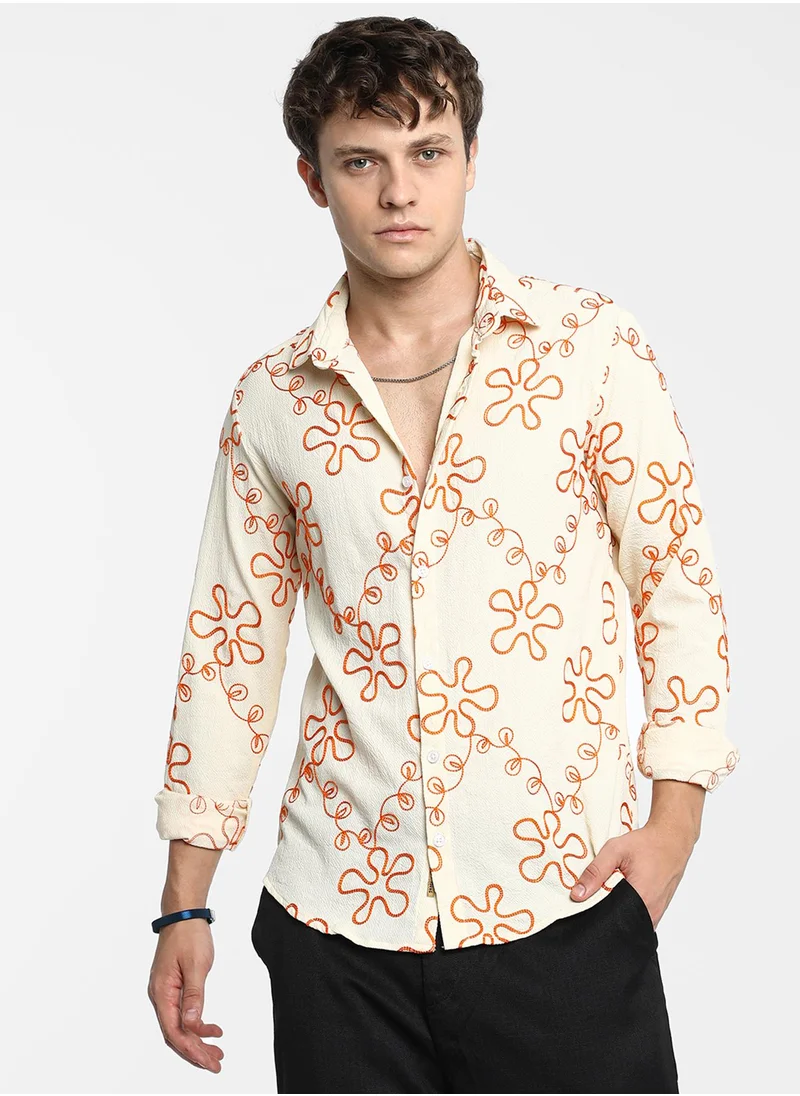 Campus Sutra Men's Peach Orange Flora-Weave Shirt