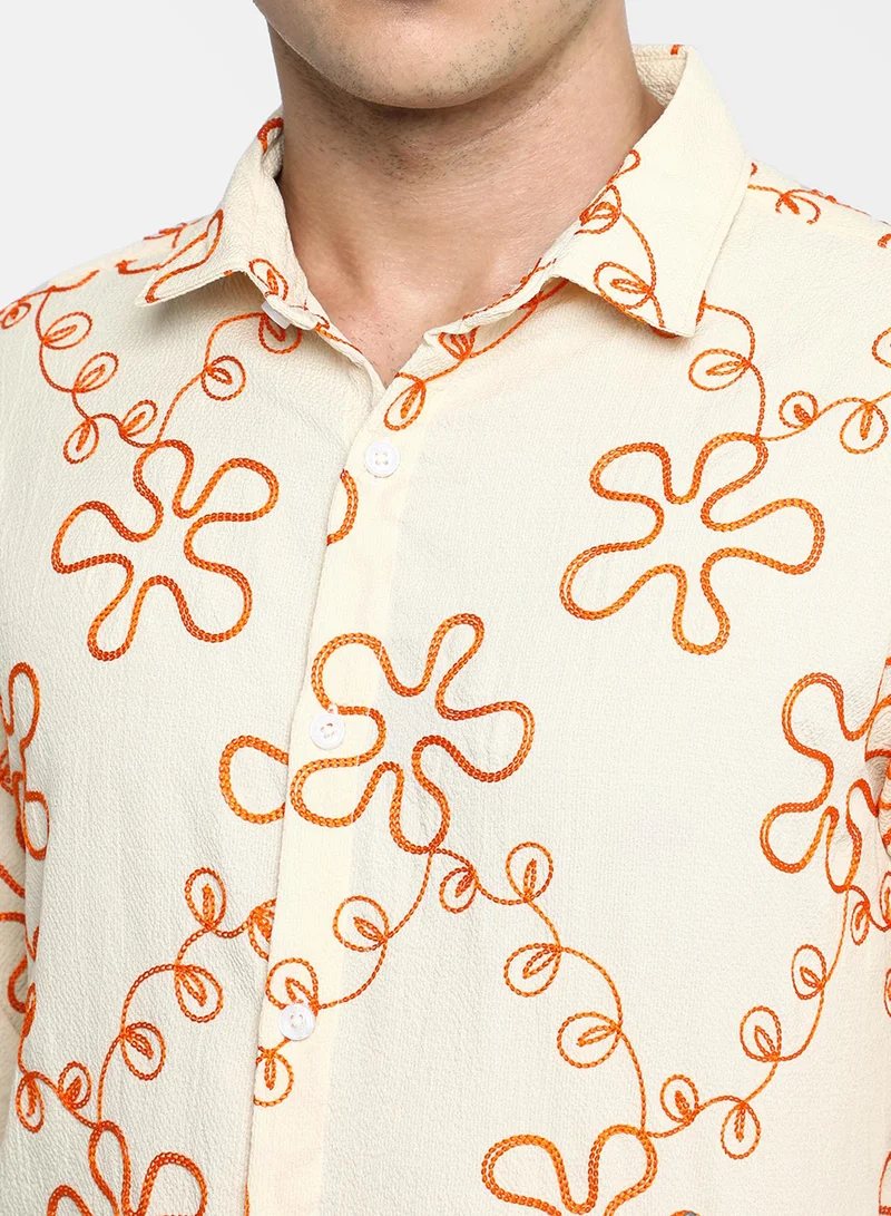 Campus Sutra Men's Peach Orange Flora-Weave Shirt