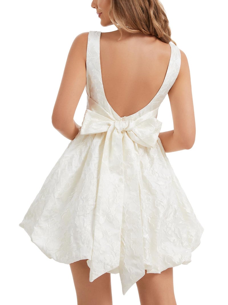 Ladyful Women's Floral Jacquard Bubble Dress Mini Sleeveless Bow Tie Elegant Cocktail Party Dresses Short Backless Sundress(White-M) - Image 1
