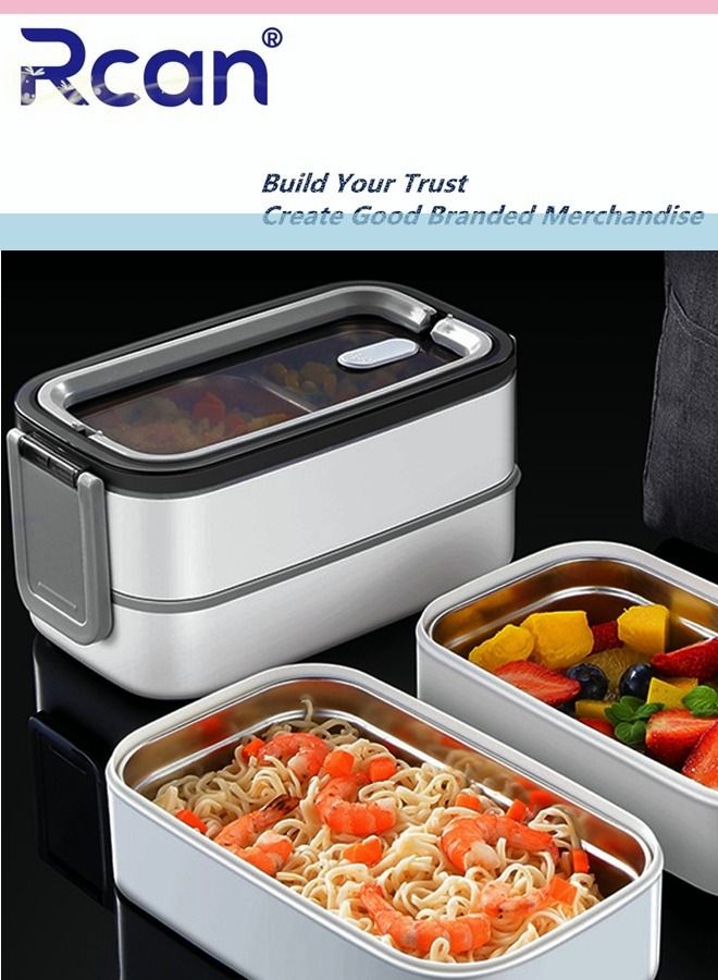 Rcan Stainless Steel Square Lunch Box With Handle Tableware Portable Heated Spill-proof Double-layer Sealed Insulated Leakproof Bento Box for Kids Adults Meal and Fruit Containers, White - Image 5