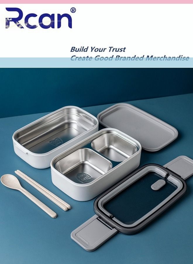 Rcan Stainless Steel Square Lunch Box With Handle Tableware Portable Heated Spill-proof Double-layer Sealed Insulated Leakproof Bento Box for Kids Adults Meal and Fruit Containers, White - Image 3