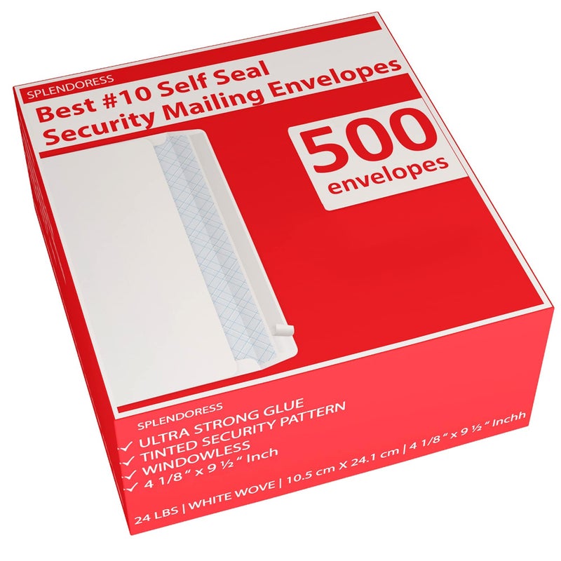 Splendoress #10 Envelopes Letter Size Self Seal, Business White Security Tinted Peel and Seal, 500 Pack Windowless, Legal Size Regular Plain Envelopes 4-1/8 x 9-1/2 Inches - 24 LB Envelops - Image 1