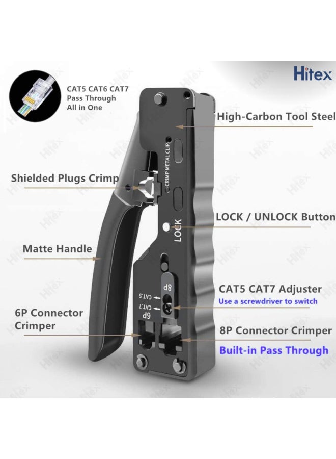 هيتكس أداة ضغط قابس معيارية من Uspro - CAT5E، CAT6، CAT7، 8P8C RJ45 | فولاذ عالي الكربون، زر قفل، منفذ، دعامة قابس محمية - Image 2