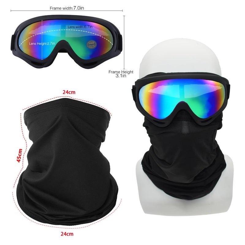 LJDJ Motorcycle Goggles,2 Pack Dirt Bike ATV Motocross Riding Hiking Protective with 2 Pack Neck Breathable Bandana Mask (Black Frame/Multicolor Lens) - Image 2