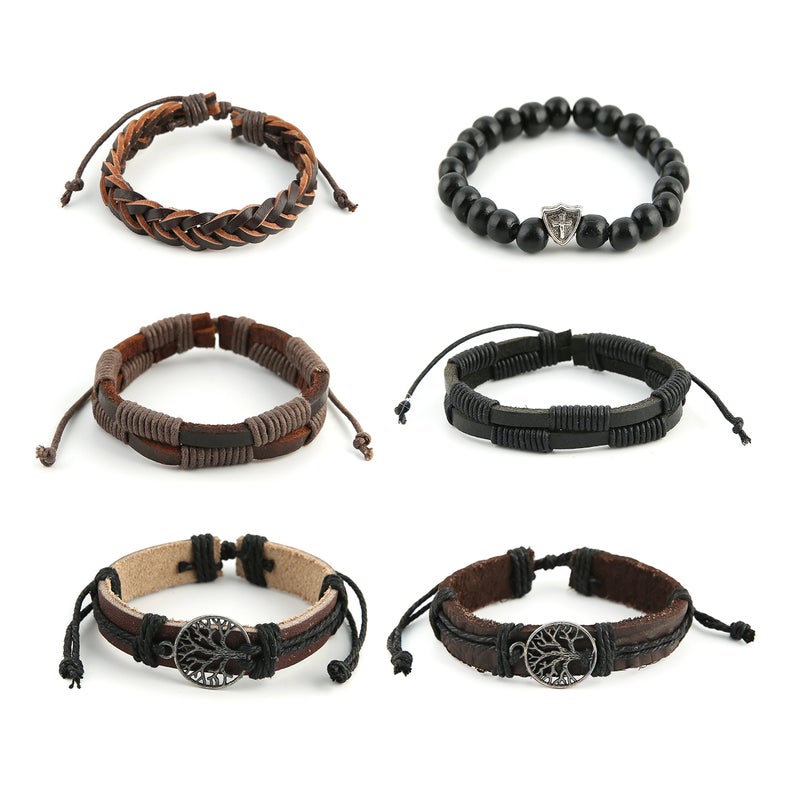HZMAN Genuine Leather Tree of life Bracelets Men Women, Tiger Eye Natural Stone Lava Rock Beads Ethnic Tribal Elastic Bracelets Wristbands (2Pcs) - Image 3