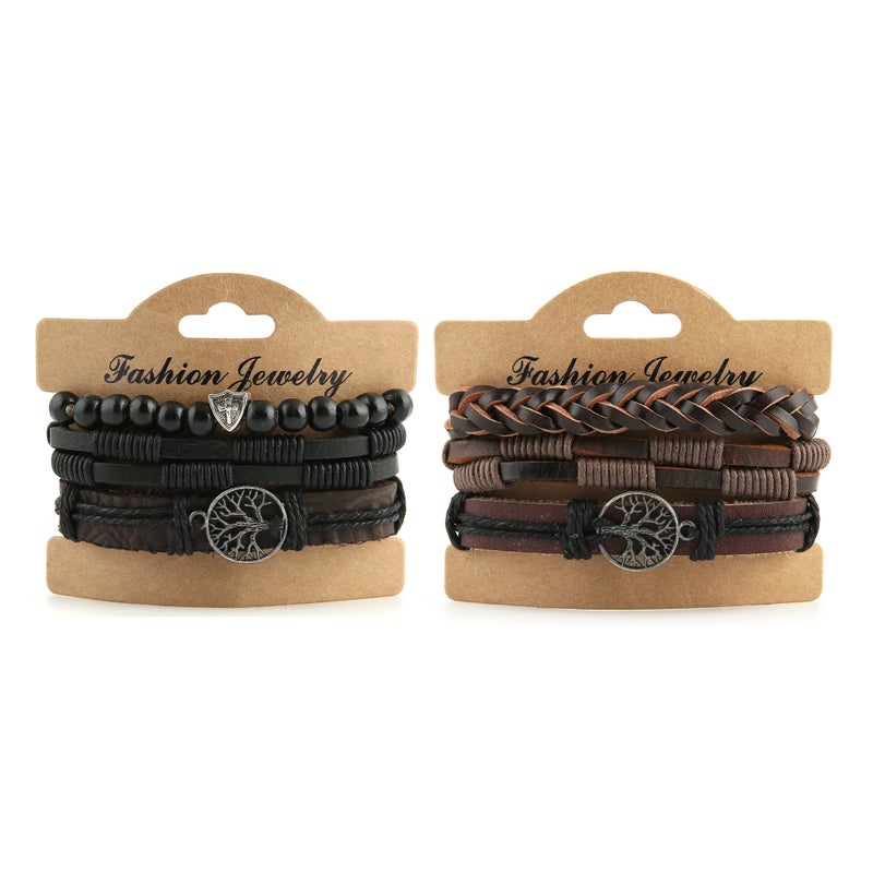 HZMAN Genuine Leather Tree of life Bracelets Men Women, Tiger Eye Natural Stone Lava Rock Beads Ethnic Tribal Elastic Bracelets Wristbands (2Pcs) - Image 2