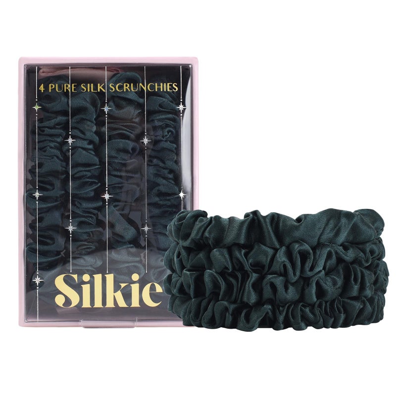 SILKIE x4 Set 100% Pure Mulberry Silk Green Skinny Scrunchies Travel Pouch Everyday Hair Ties Elastics Hair Care Ponytail Holder No Damage (Emerald) - Image 1
