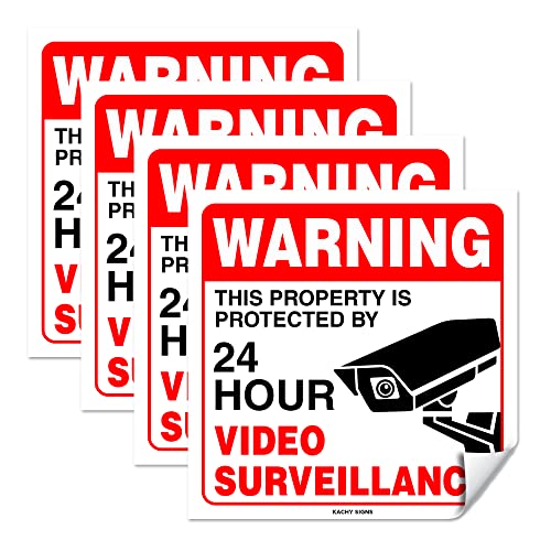 Kachy Signs (Set of 4) WARNING 24 HR Video Surveillance Sign | 6" x 6" | 4 Mil Vinyl | LAMINATED For Ultimate Protection & Durability | Self Adhesive Decal | UV Protected & Weatherproof | Heavy Duty - Image 1