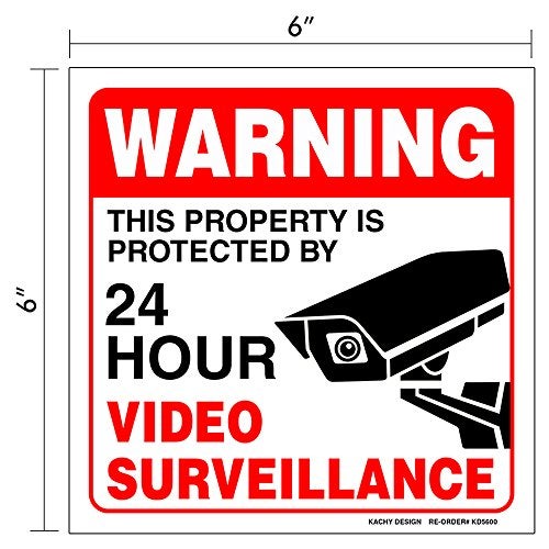 Kachy Signs (Set of 4) WARNING 24 HR Video Surveillance Sign | 6" x 6" | 4 Mil Vinyl | LAMINATED For Ultimate Protection & Durability | Self Adhesive Decal | UV Protected & Weatherproof | Heavy Duty - Image 2