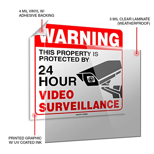 Kachy Signs (Set of 4) WARNING 24 HR Video Surveillance Sign | 6" x 6" | 4 Mil Vinyl | LAMINATED For Ultimate Protection & Durability | Self Adhesive Decal | UV Protected & Weatherproof | Heavy Duty - Image 3