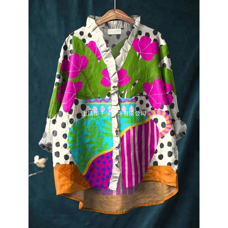 2025 New Independent Station Floral Lace Collar Top 0168 Comfortable Casual Hemp Round Neck Short Sleeves - Image 2