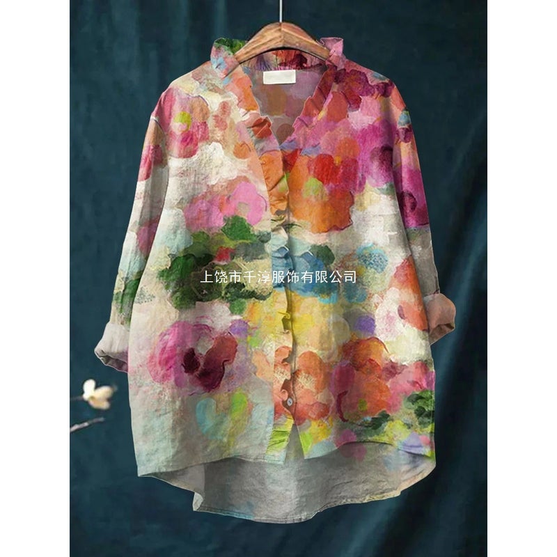 2025 New Independent Station Floral Lace Collar Top 0168 Comfortable Casual Hemp Round Neck Short Sleeves - Image 3