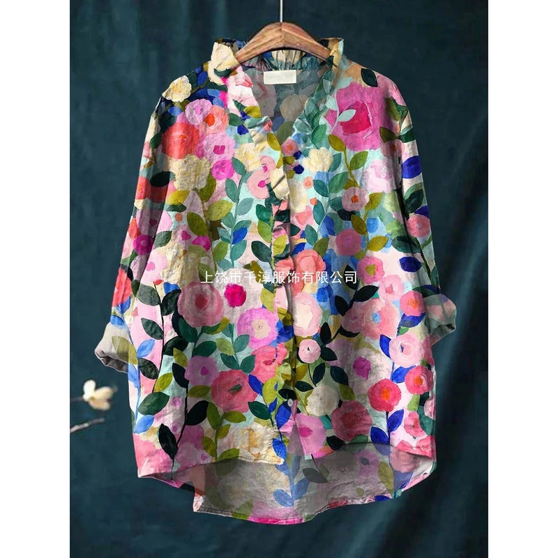 2025 New Independent Station Floral Lace Collar Top 0168 Comfortable Casual Hemp Round Neck Short Sleeves - Image 4