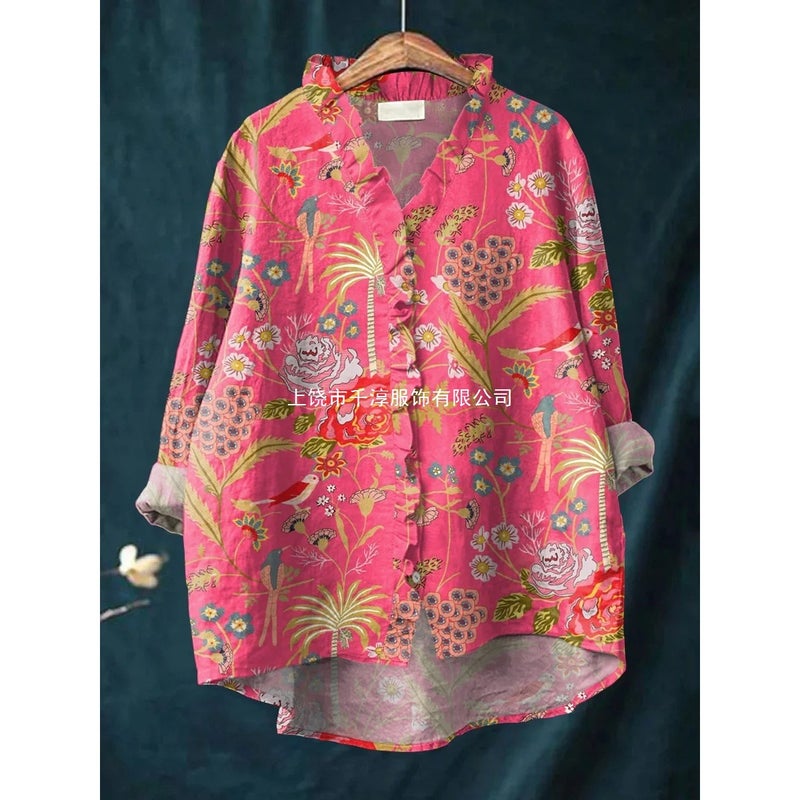 2025 New Independent Station Floral Lace Collar Top 0168 Comfortable Casual Hemp Round Neck Short Sleeves - Image 5