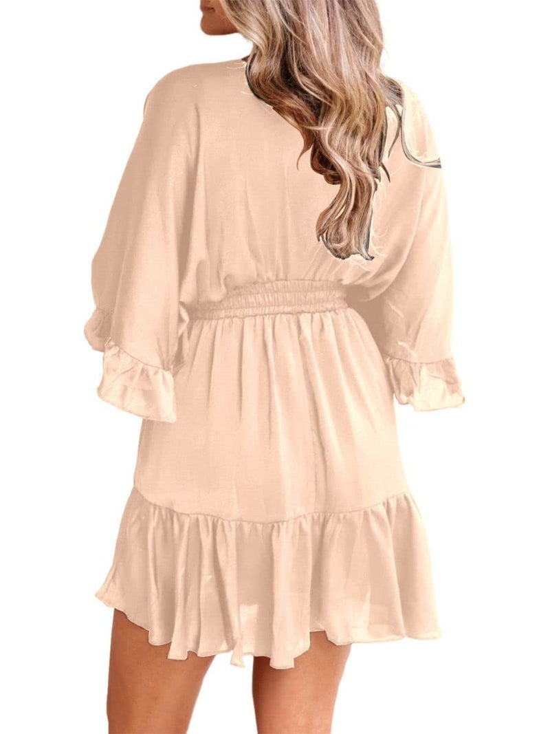 Aoysky Womens V Neck Casual Dresses Summer Loose High Waist Ruffle Pleated Cute Mini Short Dress Beige - Image 4