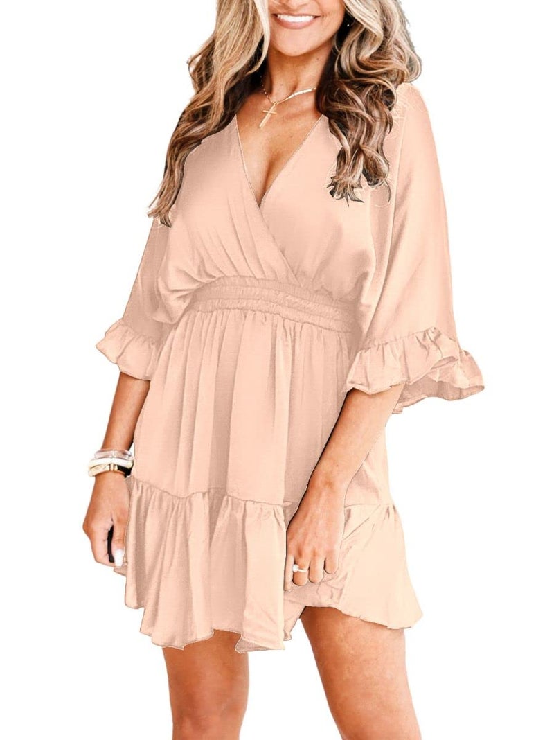Aoysky Womens V Neck Casual Dresses Summer Loose High Waist Ruffle Pleated Cute Mini Short Dress Beige - Image 2