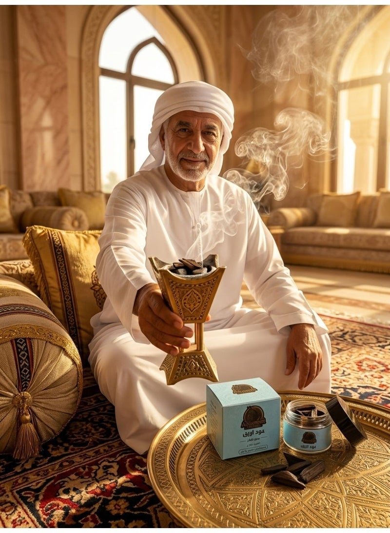 AlKumaiti Perfumes Oud Azraq Blue Oud Agarwood Chips 50g - Fresh Musky Arabic Bakhoor Incense for Home, Office and Majlis, Modern Clean Oudh Scent, Gift Box Included - Image 4