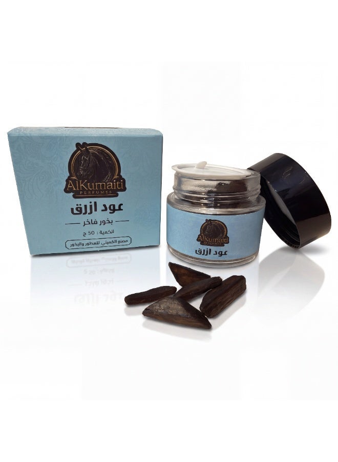 AlKumaiti Perfumes Oud Azraq Blue Oud Agarwood Chips 50g - Fresh Musky Arabic Bakhoor Incense for Home, Office and Majlis, Modern Clean Oudh Scent, Gift Box Included - Image 1