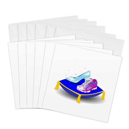 3dRose Greeting Cards, Running Shoe and Princess Glass Slipper High Heel On Pillow. Girl Woman Runner Run Track Race Racing, Set of 6 (gc_161510_1) - Image 1