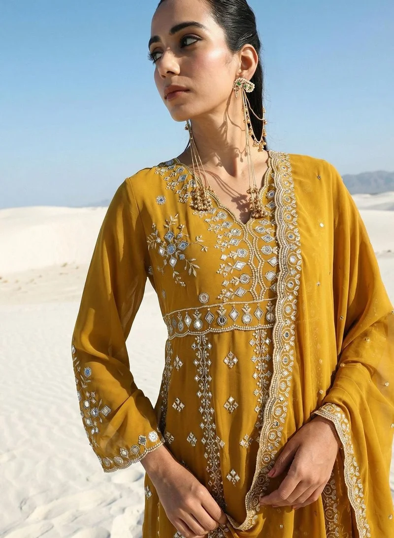 آي شين Mustard Poly Embroidered Relaxed Tunic & Full Length Palazzo Kurta Set For Women