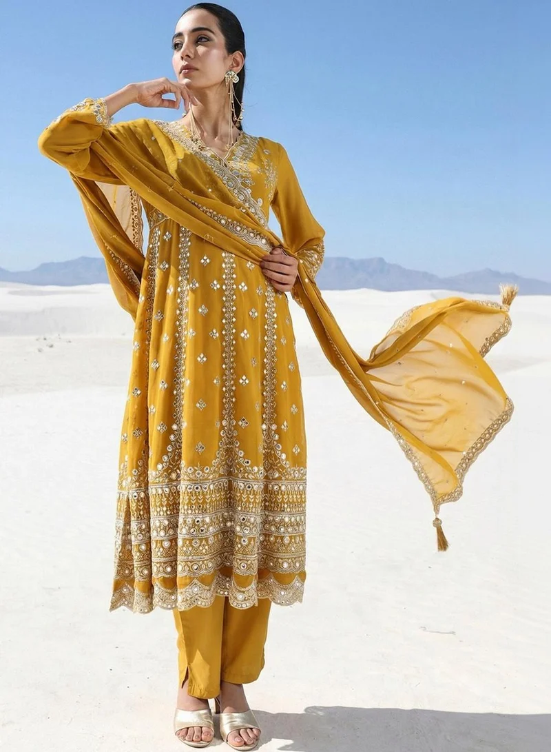 آي شين Mustard Poly Embroidered Relaxed Tunic & Full Length Palazzo Kurta Set For Women