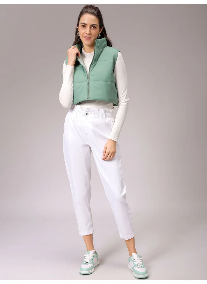 مرفوعة Women Regular Green Solid High Neck Sleeveless Outerwear