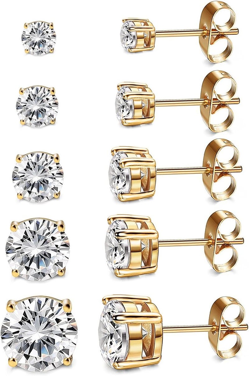 Kainier Women's 14K Gold Plated CZ Stud Earrings Simulated Diamond Round Cubic Zirconia Ear Stud Set（5 Pairs)… - Image 1