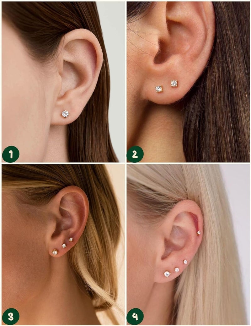 Kainier Women's 14K Gold Plated CZ Stud Earrings Simulated Diamond Round Cubic Zirconia Ear Stud Set（5 Pairs)… - Image 5
