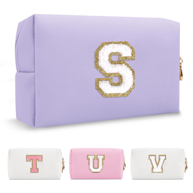 Personalized Makeup Bag Initial AZ Preppy Patch BagSmall PU Leather Travel Cosmetic Bag Pouch with ZipperPurple Cute Toiletry BagGift Ideal for Teen Girls Women Birthday Friend MomLatter S
