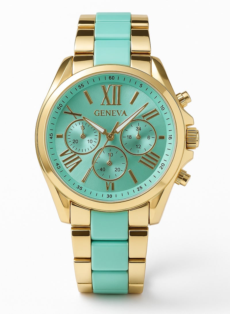 Geneva luxury watch in turquoise and gold, elegant design that stands out  perfect for a modern look - Image 1