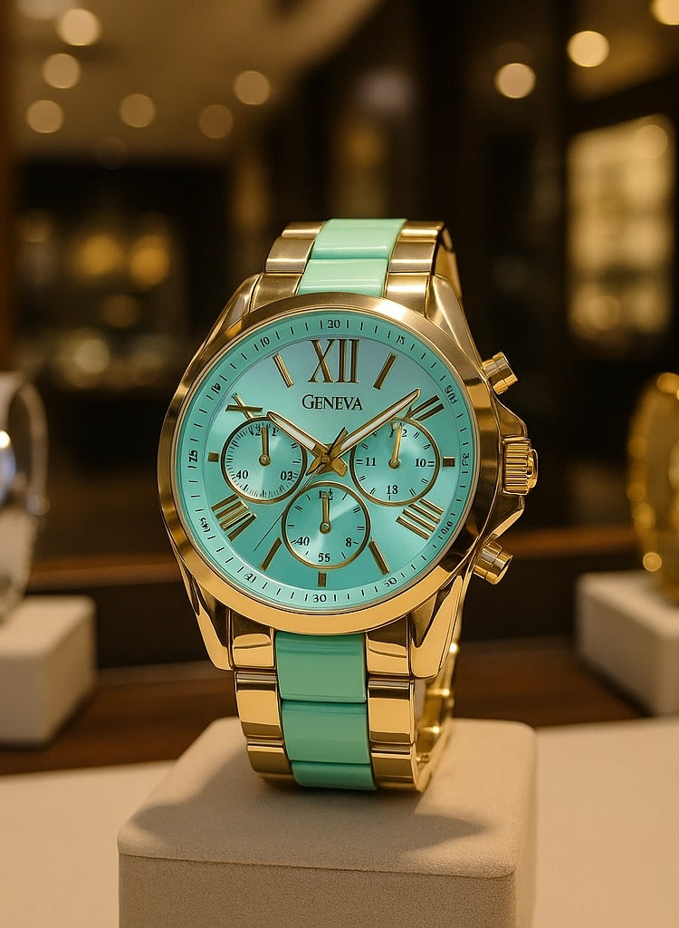 Geneva luxury watch in turquoise and gold, elegant design that stands out  perfect for a modern look - Image 2
