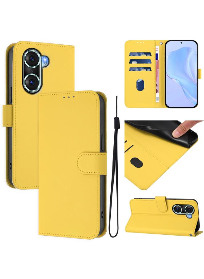 حافظة جلدية بلون سادة لهاتف Honor 60 Pro مع حزام (أصفر ليموني)