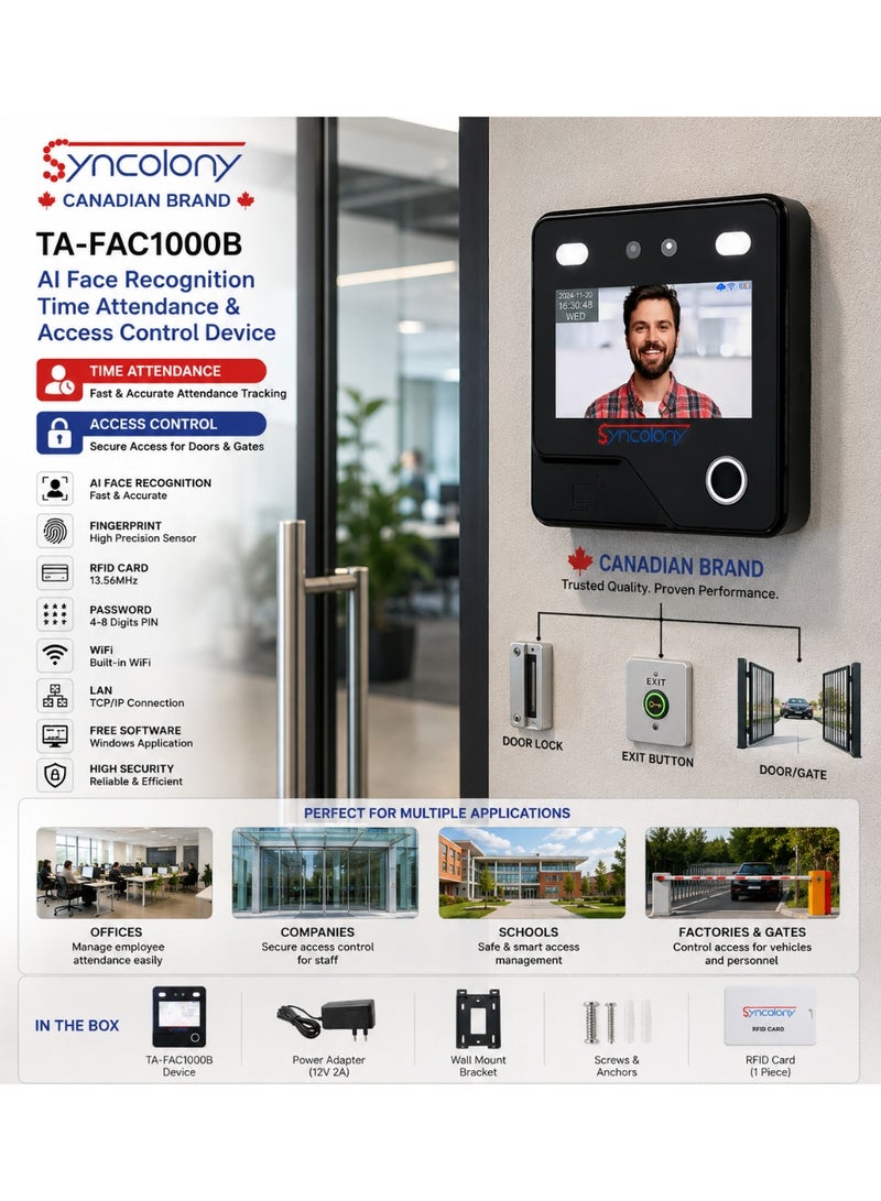 Syncolony TA-FAC1000B AI Face Recognition Time Attendance & Access Control Device - Image 2