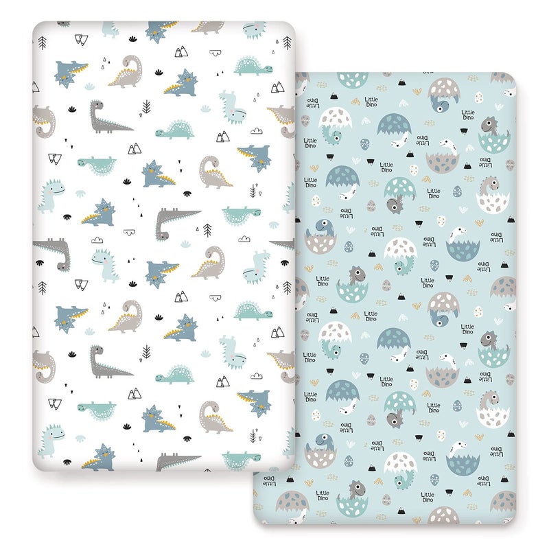 GRSSDER Stretchy Ultra Soft Jersey Knit Fitted Crib Sheets Set 2 Pack Cozy Fits All Standard Crib Mattress Pads Happy Dinosaurs Print for Boys and Girls