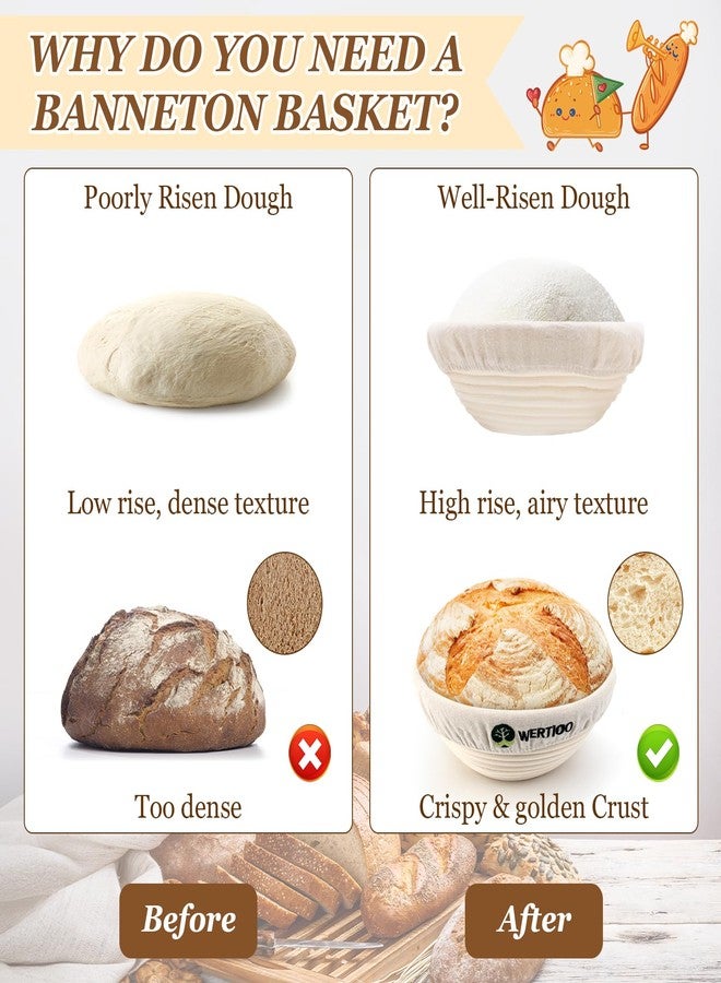 WERTIOO Bread Banneton Proofing Basket Set of 2, 9 Inch Round & 10 Oval Cane Sourdough Baskets with Lame + Dough Scraper Linen Liner Basting Brush for Making Baking - Image 2