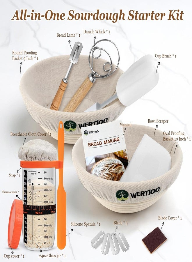 WERTIOO Bread Banneton Proofing Basket Set of 2, 9 Inch Round & 10 Oval Cane Sourdough Baskets with Lame + Dough Scraper Linen Liner Basting Brush for Making Baking - Image 4