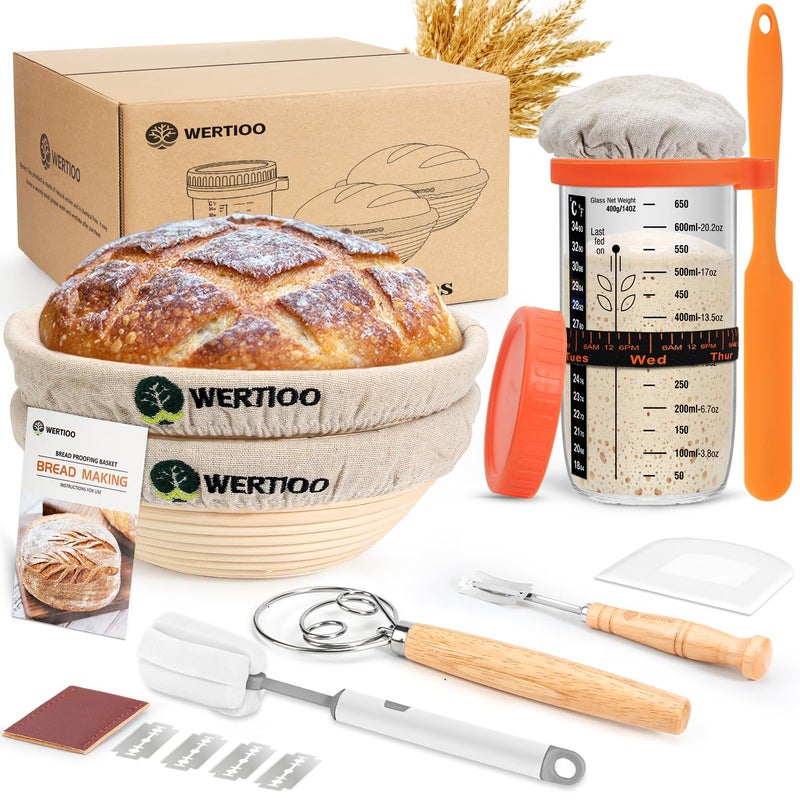 WERTIOO Bread Banneton Proofing Basket Set of 2, 9 Inch Round & 10 Oval Cane Sourdough Baskets with Lame + Dough Scraper Linen Liner Basting Brush for Making Baking - Image 1
