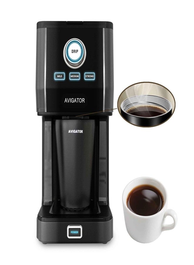 أفيجيتور ماكينة تحضير القهوة الفردية من أفيجيتور مع كوب قهوة للسفر سعة 11 أونصة، مصنوعة من الفولاذ المقاوم للصدأ، قوة تحضير قابلة للتعديل، فلتر دائم، لون أسود - Image 1
