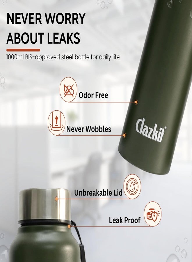 Clazkit Alpha Pro Classic Stainless Steel Water Bottle Single Wall 1000ml| Lightweight, Leak-Proof, Reusable | Ideal for School Kid, Office, Gym & Travel | Green - Image 3