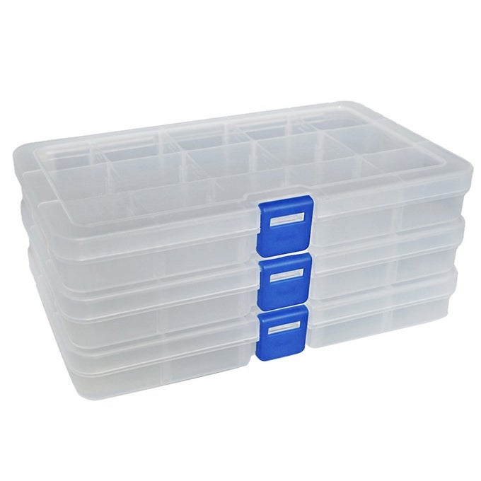 PLASTIC ORGANIZER CONTAINER STORAGE BOX ADJUSTABLE DIVIDER REMOVABLE GRID COMPARTMENT FOR JEWELRY BEADS EARRING CONTAINER TOOL FISHING HOOK SMALL ACCESSORIES 15 GRIDS WHITE X 3
