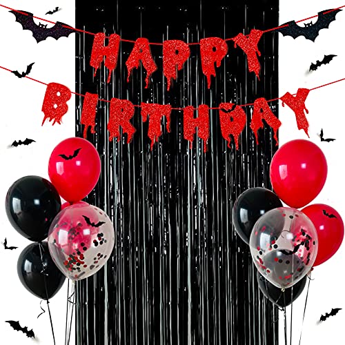 Haptda Red Glittery Happy Birthday Halloween Banner Black Foil Curtains Backdrop 3D Bat Sticker and Latex Balloons Confetti Balloon for Birthday Party Decorations Scary Party Supplies - Image 1