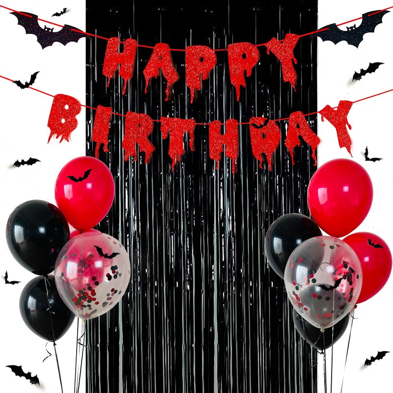 Haptda Red Glittery Happy Birthday Halloween Banner Black Foil Curtains Backdrop 3D Bat Sticker and Latex Balloons Confetti Balloon for Birthday Party Decorations Scary Party Supplies - Image 2