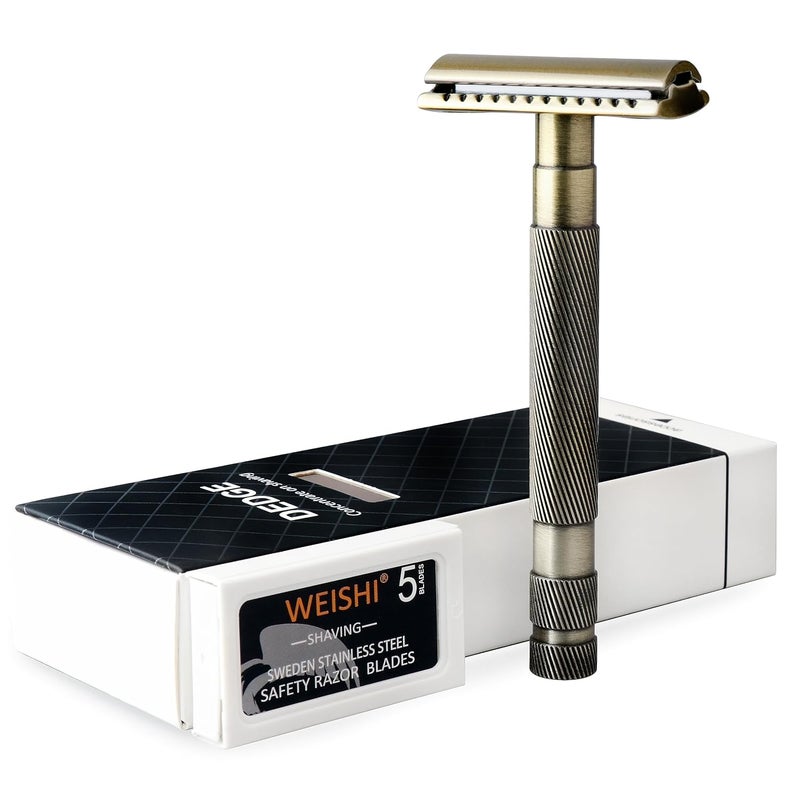 DEDGE DEDGE Classic Double Edge Safety Razor Single Blade Weighted Design Razor for Men Reusable Razor with 5 Premium Razor Blades Bronze 