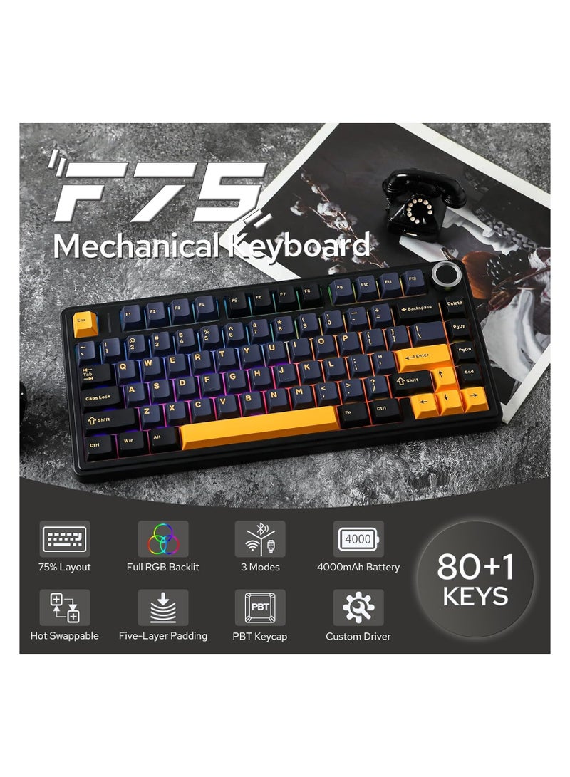 AULA F75 75% Wireless Mechanical Gaming Keyboard – Gasket Hot-Swappable, Pre-Lubed Graywood V3 Switches, RGB Backlit, 2.4GHz / Type-C / Bluetooth 5.0, Cool Black - Image 2