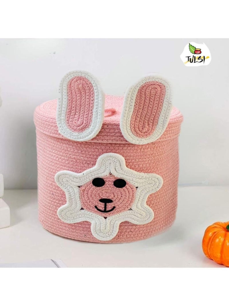 Rosslyn Kids Lid Basket with Beautiful Characters - Rope Storage Basket for Baby Diaper, Stuffed Animal Storage Bin Rope Basket for Kids Toy, Baby Laundry Baskets with lid - Pink Dogg - Image 1