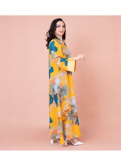 اكسا جلابية مطرزة نقوش ورق شجر IN1032 اصفر  - Image 3
