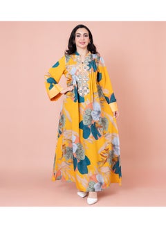 اكسا جلابية مطرزة نقوش ورق شجر IN1032 اصفر  - Image 1