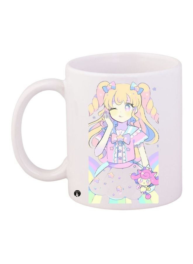 RYN Cartoon Girl Printed Coffee Mug White/Pink/Yellow 11ounce