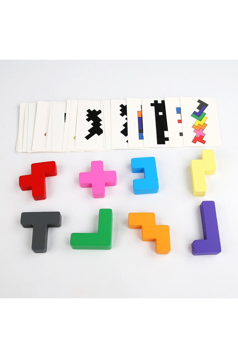 1 set Wooden Shadow Matching Puzzle, With Colorful Wooden Building Blocks And Double-sided Cards，Geo