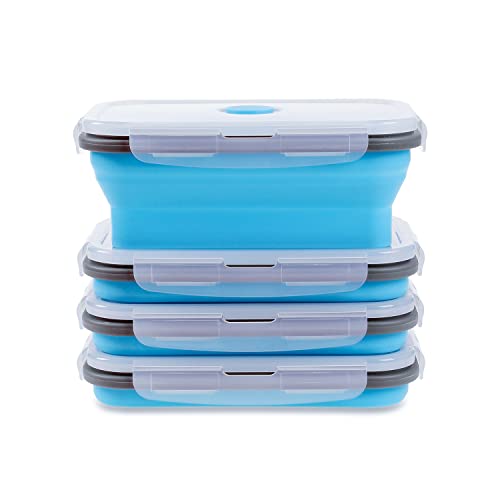 Annaklin Collapsible Food Storage Containers with Airtight Lid Vent Valve 27 oz Kitchen Stacking Silicone Collapsible Meal Prep Container Set for Leftover Microwave Freezer Safe Blue Set of 4 - Image 1